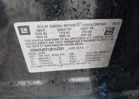 2018 Chevrolet Equinox Lt z USA, uszkodzony, nr VIN 2GNAXJEV1J6162231